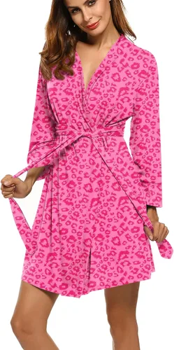Vista 28 de HOTOUCH - Bata ligera de punto corta para mujer, bata de baño suave con bolsillos, ropa de dormir para damas