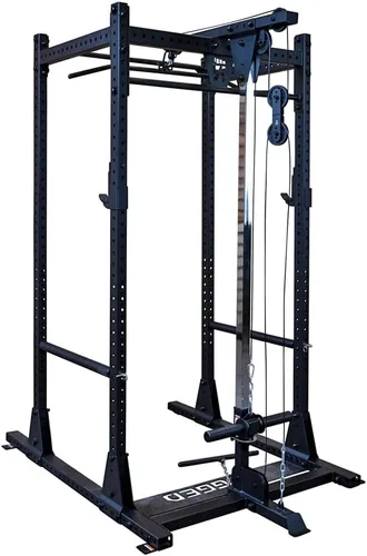 Vista 3 de Rugged Strength & Fitness Power Rack (Y100P3) con accesorio Lat - Juego de pesas de 300 libras incluido, ideal para entrenamiento de fuerza