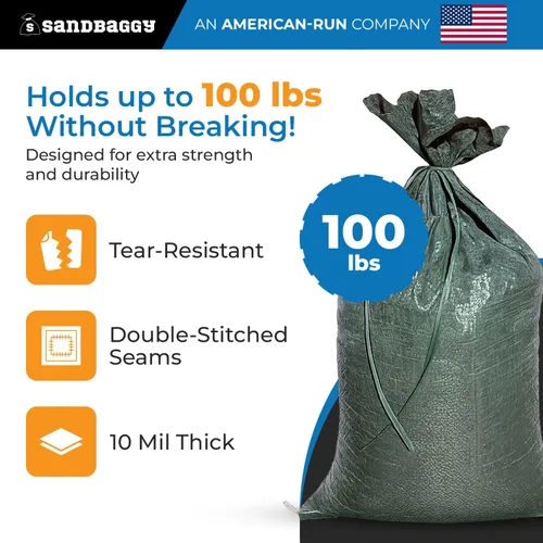 Vista 4 de Sandbaggy – Bolsas de arena vacías de poliéster con protección UV – Tamaño: 14 x 26 pulgadas. Color: Verde- Bolsas de arena para inundaciones
