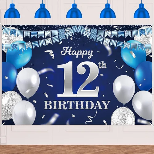 Vista 34 de Bandera de feliz primer cumpleaños con fondo azul marino, globos, confeti, bandera de rayas, luces de puntos, felicitaciones por el tema de 1 año