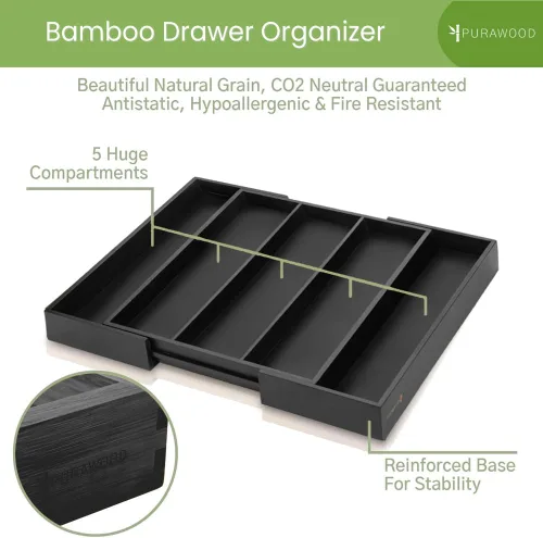 Vista 3 de Organizador de Cajón de Cocina Purawood - Organizador de Utensilios Extensible para Cocina, Bandeja de Cuchillos y Organizador de Cubiertos, 3-5