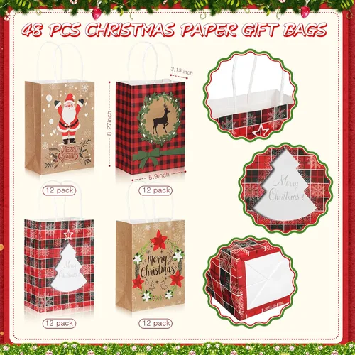 Vista 3 de Resholder 48 Piezas Bolsas de Papel Kraft de Regalo de Navidad a Granel con Asas Bolsas de Dulces Navideñas Reutilizables para Regalos Suministros