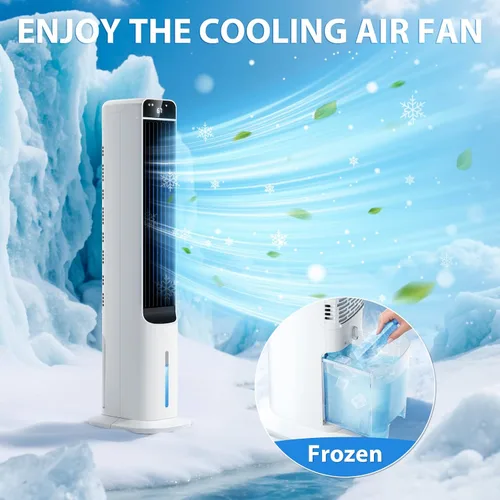 Vista 2 de Enfriador de aire evaporativo portátil, ventilador de torre de enfriamiento de pantano 2 en 1 con control remoto, 4 paquetes de hielo, oscilación