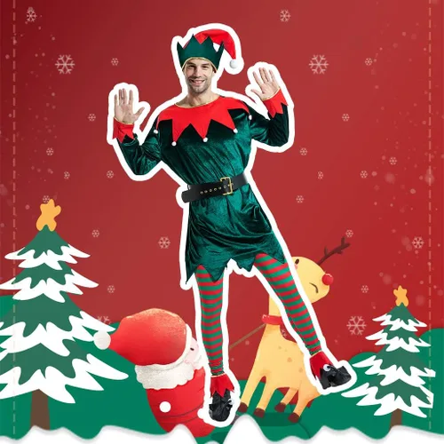 Vista 5 de ReneeCho Disfraz de elfo para adultos, de Navidad, para hombre, de taller, de elfo, para mujer, color verde