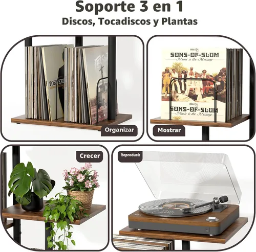 Vista 2 de Bikoney - Soporte Botánico para Tocadiscos con Almacenamiento de Vinilo, Mueble de Mesa para Tocadiscos de Madera con Estante para Discos LP