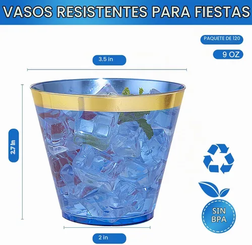 Vista 2 de Nervure 240 vasos de plástico azules – Vasos de plástico con borde dorado de 9 onzas – Taza azul desechable resistente con borde dorado perfecto