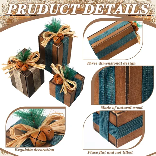 Vista 4 de 3 piezas de caja de regalos de madera de Navidad, decoración de centros de mesa de regalos a cuadros navideños, decoración de bandeja escalonada