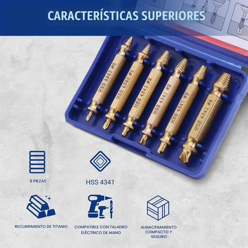Vista 8 de WORKPRO Juego de 6 piezas de extractor de tornillos dañados, kit de extractor de pernos rotos con revestimiento de titanio, herramientas de remoción