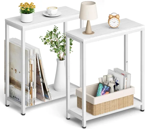 Vista 9 de SLEEPING LAMB Mesa auxiliar estrecha pequeña para espacio pequeño, mesa auxiliar de sofá de 2 niveles, mesa de noche delgada para sala de estar