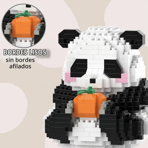 Vista 3 de Mini bloques de construcción de Halloween, panda sentado con calabaza, micro bloques de juguete para niños de 6, 7, 8, 9+, juegos de construcción