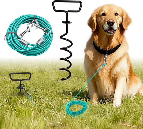Vista 10 de Cable de amarre y estaca para perros de 20 pies, resistente para patio, correa de gancho con bloqueo, cable giratorio de 360° para perros medianos