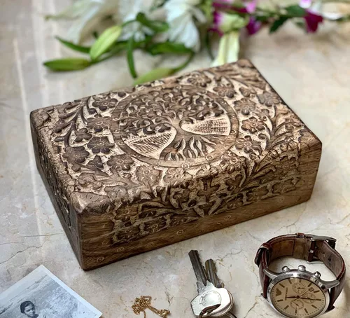 Vista 2 de Gran regalo de cumpleaños, caja de joyería decorativa de madera hecha a mano, organizador de joyas tallado en árbol de la vida, caja de recuerdos