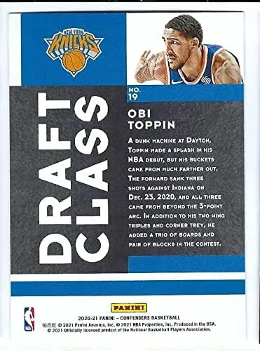Vista 2 de OBI TOPPIN 2020-21 Panini Contenders Draft Class #19 Rookie Card RC New York Knicks Baloncesto