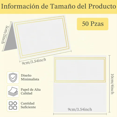 Vista 2 de 50 tarjetas de lugar premium, tarjetas de mesa de 2 x 3.5 pulgadas con borde dorado
