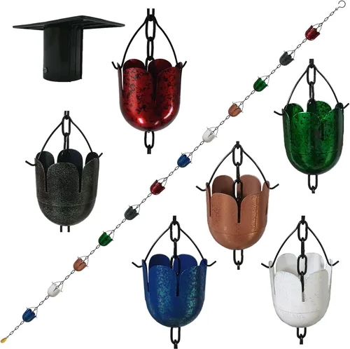 Vista 9 de Cadenas de lluvia de hierro multicolor de 5.8 pies para canaleta y barril de lluvia, resistente al óxido, cadena de lluvia chapada para decoración