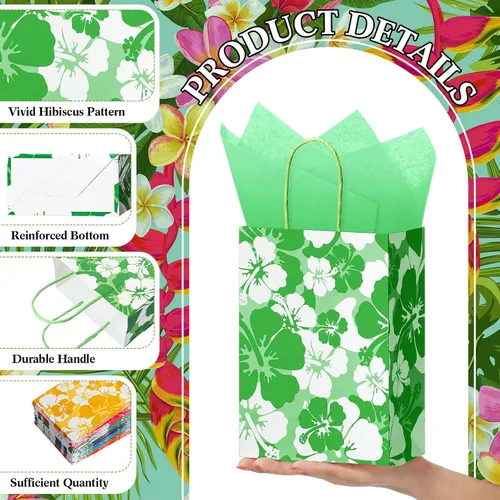Vista 3 de Teling 12 Set Hibiscus Party Favor Hawaiian Themed Paper Bag with Tissues Summer Tropical Gift Tiki Luau Treat Hawaii Goodie Bags with Handles