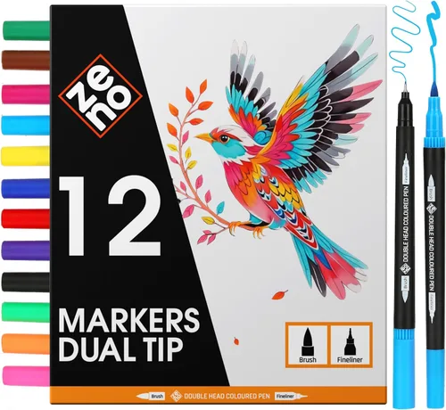 Vista 8 de ZENO Juego de 72 marcadores de doble punta Set-C con estuche – Marcadores de arte sin sangrado para adultos – Puntas finas y de pincel – Lápices