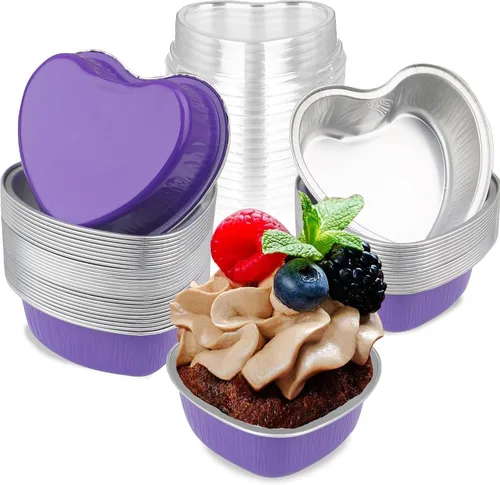 Vista 8 de Moldes para pasteles en forma de corazón de 3.5 pulgadas, molde de papel de aluminio con tapas, 25 piezas desechables de corazón pequeño