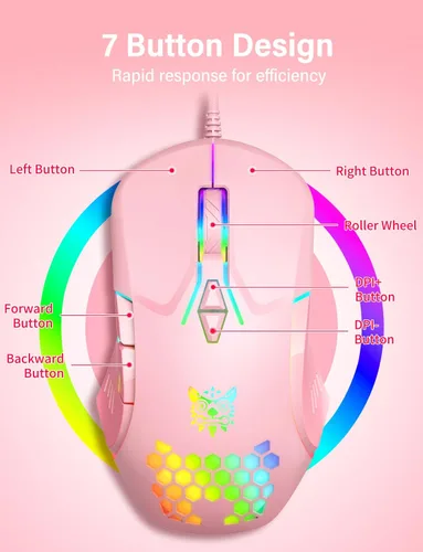Vista 3 de Ratón con cable USB, ratón de ordenador con iluminación RGB, 4 DPI ajustables, ratón óptico ergonómico de oficina, 7 botones con cable para Rosa