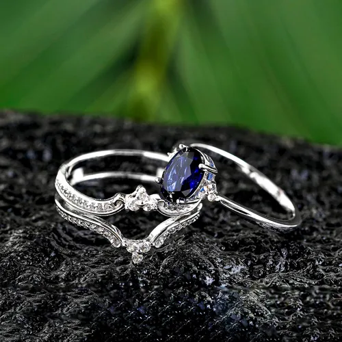 Vista 8 de Juego de anillos nupciales de zafiro azul creado y zafiro blanco creado para mujer, plata de ley 925, anillo potenciador de anillo para novia