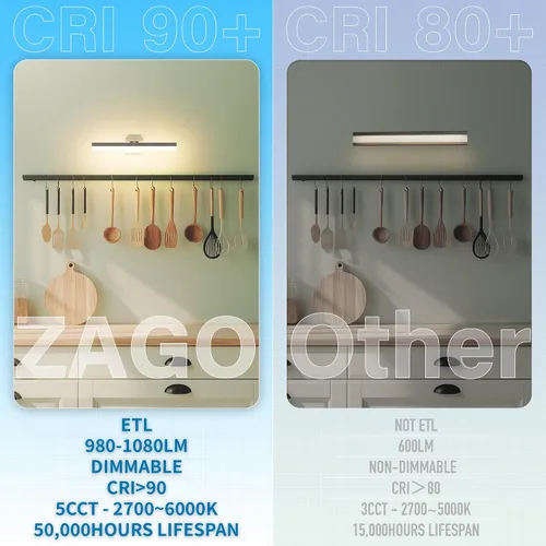 Vista 7 de ZAGO Lámpara de tocador de baño de 24 pulgadas sobre el espejo, LED moderna y rotacional montada en la pared, ajustable, cableada, con cable