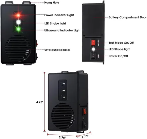 Vista 2 de Repelente de roedores para automóviles operado por batería, ultrasónico disuasorio de ratones y ratas con linternas LED, repelente de animales