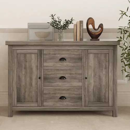 Vista 2 de Aparador de cocina con estructura de madera resistente, 3 cajones y 2 puertas con amplio espacio de almacenamiento en gris