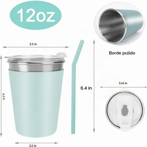 Vista 3 de Ymmy Sam - 2 vasos de acero inoxidable con pajitas de silicona, vasos de 12 onzas a prueba de derrames, aptos para lavavajillas, vasos de metal 2