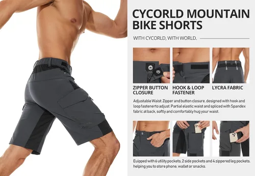 Vista 4 de Pantalón corto Cycorld para ciclismo de montaña, bolsillos con cierre de cremallera, liviano, ligero de ajuste, para hombre