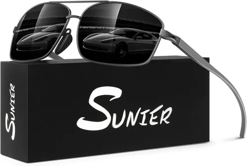 Vista 11 de Lentes de sol polarizados para hombre, ultra ligeros Al-Mg con bisagras de resorte, 100% protección UV400 para hombre Lente gris oscuro del marco