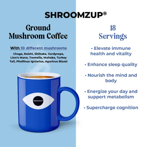 Vista 4 de Shroomzup Café de hongos molidos para preparar – 10 hongos tostado oscuro – melena de león, reishi, chaga, cola de pavo, cordyceps, café de hongos