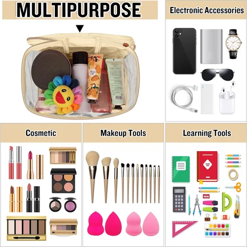 Vista 6 de izuzta Bolsas de maquillaje transparentes con letras de chenilla, bolsa de maquillaje de parche preppy con asa