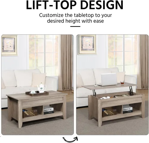 Vista 4 de Yaheetech Mesa auxiliar moderna con parte superior elevable con compartimento de almacenamiento oculto y 2 estantes abiertos, mesa de centro