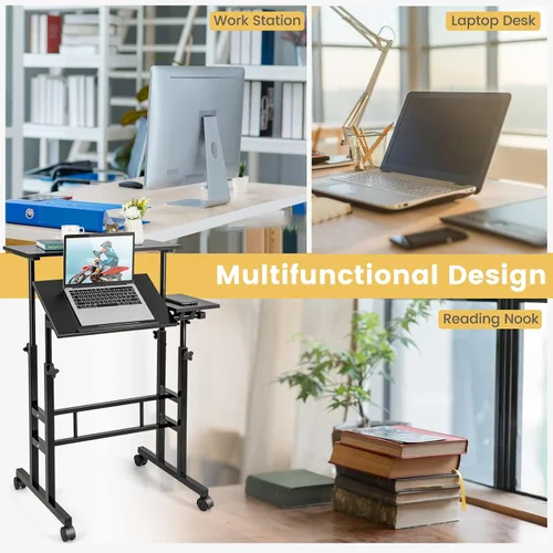 Vista 9 de COSTWAY Escritorio móvil de pie, carrito para laptop con escritorio abatible, mesa sobre la cama con ruedas, escritorio de computadora para estar
