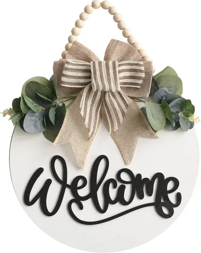 Vista 12 de Cartel de Bienvenida para Puerta Delantera con Decoración de Corona para Todas las Estaciones Decoración de Porche Delantero Colgante Regalo