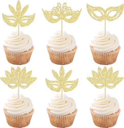 Vista 15 de 24 máscaras de mascarada, adornos para cupcakes, color negro y dorado con purpurina para despedida de soltera, para fiestas de cumpleaños, fiestas