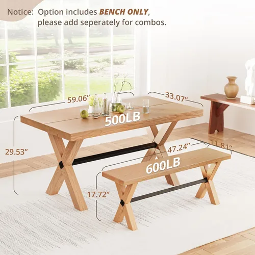 Vista 2 de LUE BONA Banco de comedor de 47 pulgadas con madera maciza, banco de cocina de granja con grano de madera natural, silla de comedor rectangular