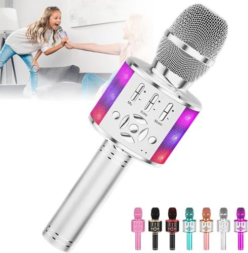 Vista 10 de Amazmic Máquina de Micrófono de Karaoke para Niños, Micrófono Bluetooth Portátil, Micrófono de Karaoke Inalámbrico de Mano con Luces LED, Regalo
