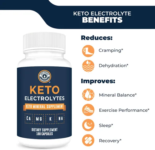 Vista 4 de Suplemento de electrolitos Keto, 180 cápsulas. Pastillas de electrolitos para dieta cetogénica. Magnesio, potasio, sodio, calcio. Tabletas Keto