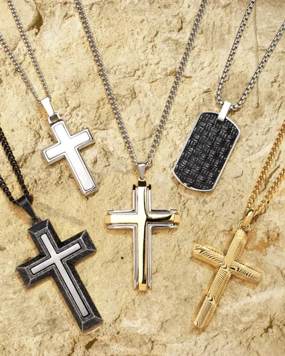 Vista 5 de Boston Bay Diamonds Men's Cross Pendant Necklace in Damascus 316L Stainless Steel on 24" Curb Chain, Elegant Choice of Colors for Fashion with Faith
