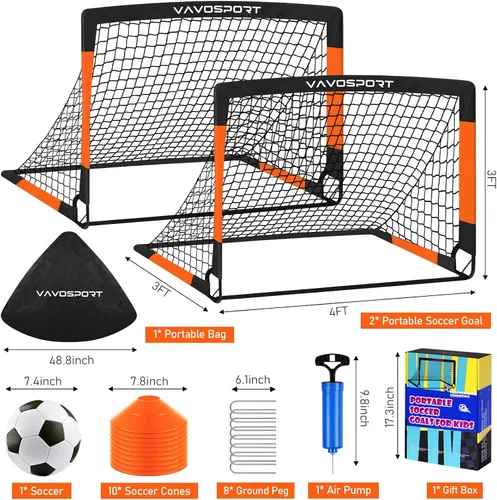 Vista 2 de VAVOSPORT Juego de porterías de fútbol para niños para patio trasero, 2 redes portátiles de 4 x 3 / 6 x 4 pies, mini equipo de entrenamiento