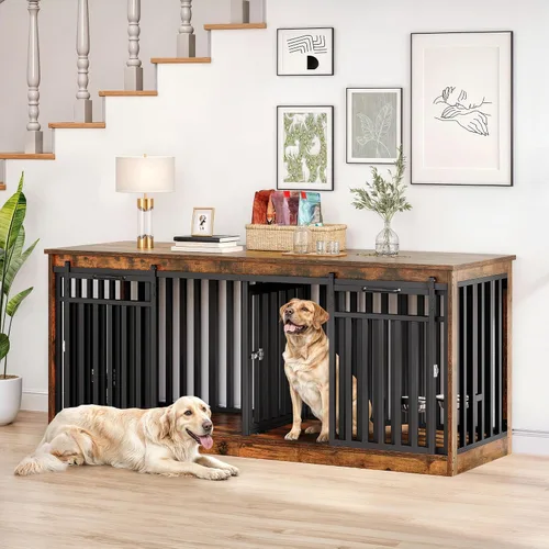 Vista 9 de DWVO Mueble doble para perros de 71 pulgadas para 2 perros medianos, soporte de TV de madera resistente con puertas correderas, mesa decorativa