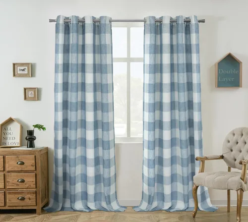 Vista 11 de Cortinas de cuadros de búfalo DriftAway a cuadros negro y blanco extralargas con tratamiento ojo de sargento para dormitorio y sala de estar
