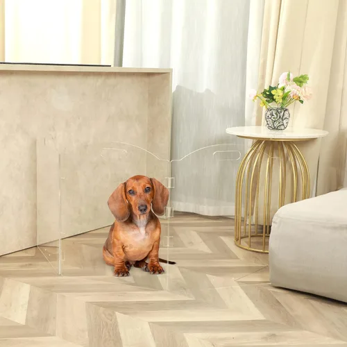 Vista 2 de Puertas independientes de acrílico transparente para perros para la casa, puertas plegables de 3 paneles para mascotas, para puertas, escaleras