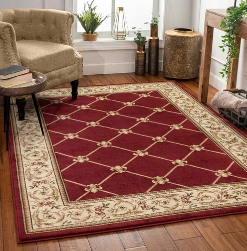 Vista 9 de Alfombra entramada roja francesa, europea, alfombra de área tradicional, fácil de limpiar, moderna, contemporánea, floral, gruesa, suave, alfombra