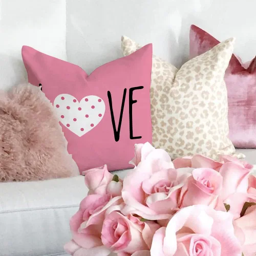 Vista 3 de GEEORY Juego de 4 fundas de almohada para el día de San Valentín de 18 x 18 pulgadas para decoración de San Valentín, diseño de rayas rosas