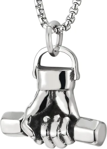 Vista 3 de Collar con colgante de mancuernas de acero para hombre con cadena de 30 pulgadas, oro plateado
