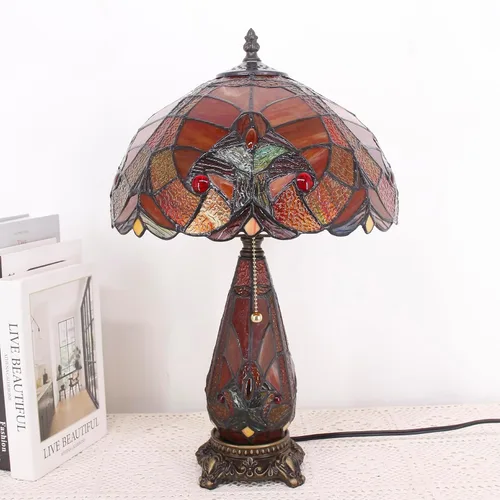 Vista 4 de Lámpara Tiffany de Vidrio Emplomado para Mesa de 12 x 19 Pulgadas Diseño Jarrón Madre e Hija Lámpara de Escritorio de Acento Luz Nocturna