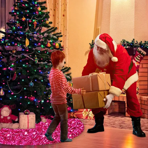 Vista 5 de FANPROMS Falda de árbol de Navidad rosa intenso con lentejuelas de 21 pulgadas, faldas de terciopelo de doble cara para árbol de Navidad de mesa