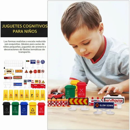 Vista 9 de Juego de 105 mini señales de tráfico de tráfico, mini conos de tráfico, juguetes de construcción, cubo de basura en miniatura, luz de cruce